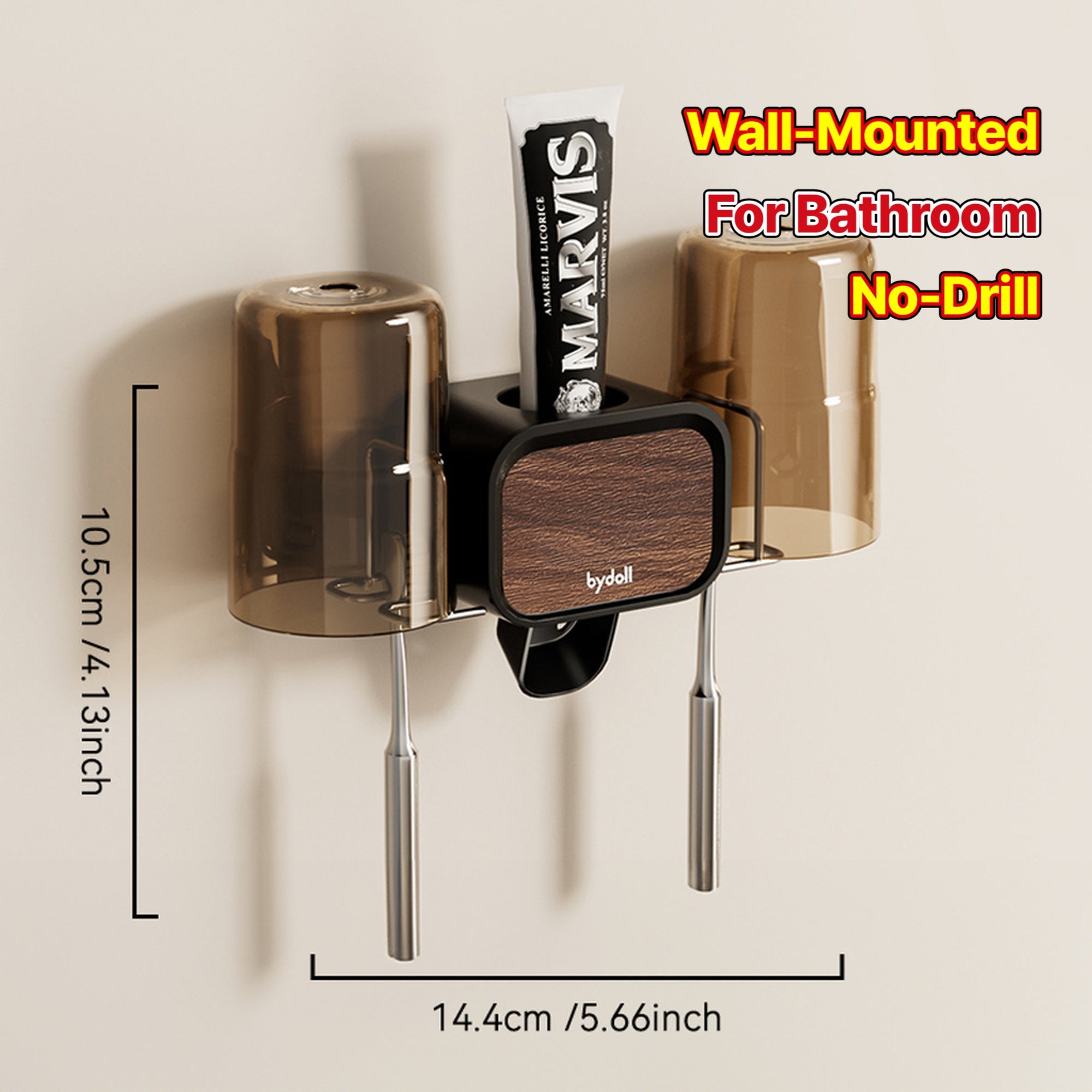 No-Drill Wall-Mounted Toothbrush Holder with Dual-Cup & Toothpaste Dispenser - Adhesive\u002FSuction Cup Installation