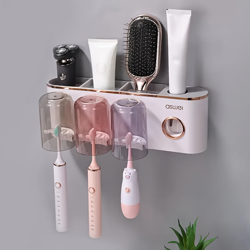 Bathroom Accessories 1 Wall-Mounted Toothbrush Holder Set With Mouthwash Cup, No Need To Punch Holes, Automatic Toothpaste Dispenser, Wall-Mounted Toothbrush Storage Rack, Bathroom Accessories, Plastic For Toothbrush, Toothpaste Tube And Mouthwash Cup