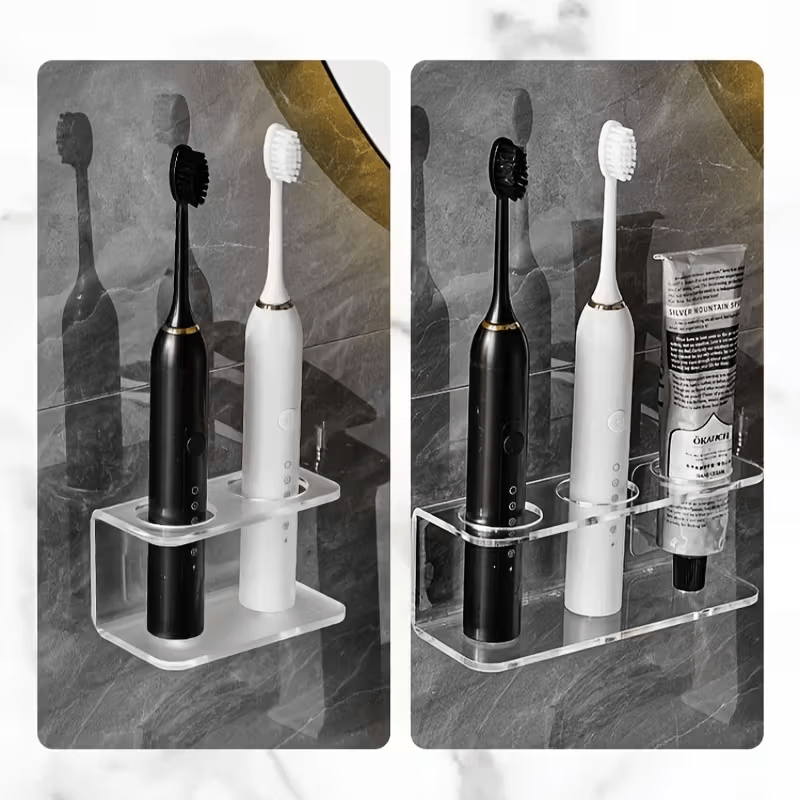 No Drill Adhesive\u002FWall-Mounted Acrylic Electric Toothbrush & Dental Holder - Transparent Bathroom Organizer with Toothpaste Storage Compatible for Electric Toothbrushes, Dental Tools - Space-Saving Modern Plastic Shelf, Easy Installation