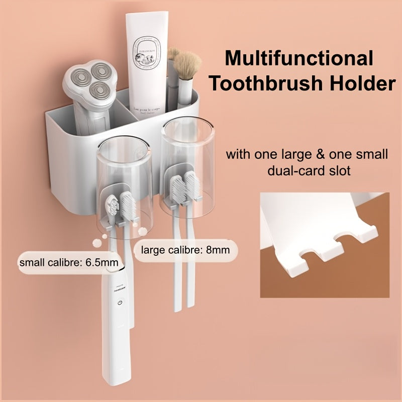 Durable Plastic Material, Space-Saving Wall-Mounted Holder - a Multi-Cup Toothbrush And Mouthwash Storage Rack with Ample Capacity