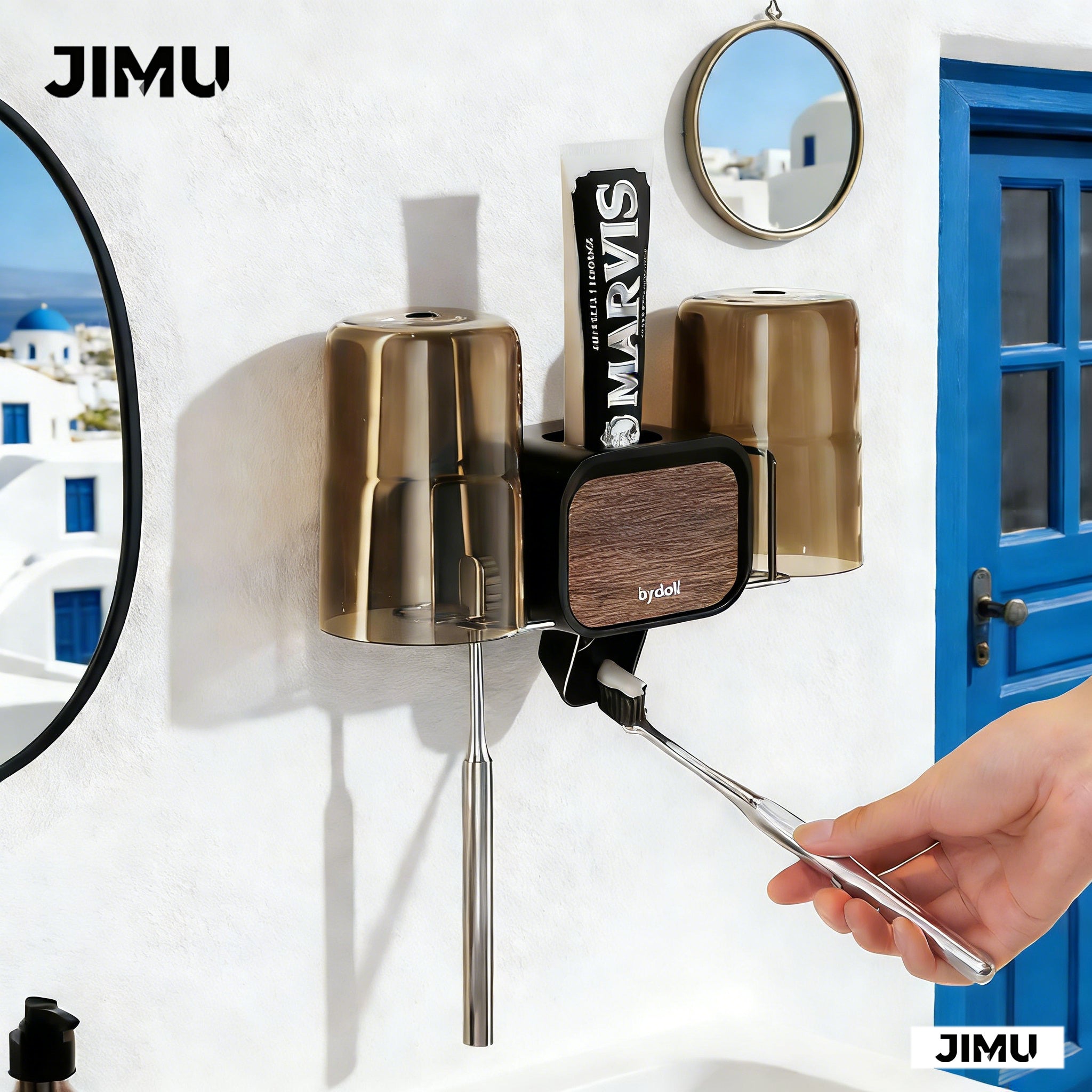 No-Drill Wall-Mounted Toothbrush Holder with Dual-Cup & Toothpaste Dispenser - Adhesive\u002FSuction Cup Installation
