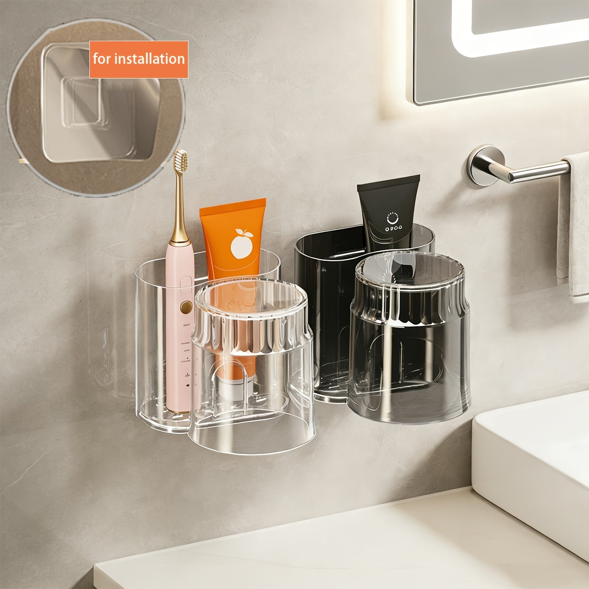 A Set of Two Wall-mounted Toothbrush Holders with Cups, a Bathroom Organizer, a Bathroom Storage Device, and a Wall-mounted Storage Cup Without Holes, Suitable for Sinks, Bathrooms, Counters, Bathroom Organizing and Storage