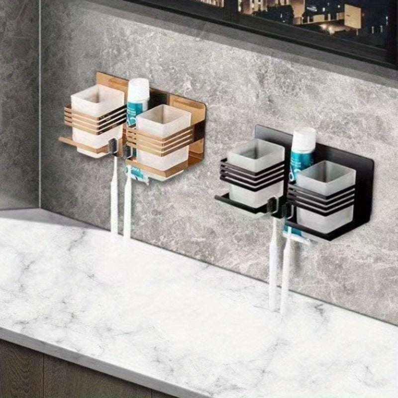 Stainless Steel Square Cup Wall-Mounted Toothpaste and Toothbrush Holder | No Punching Required, Suitable for Home, Bathroom, Hotel Use