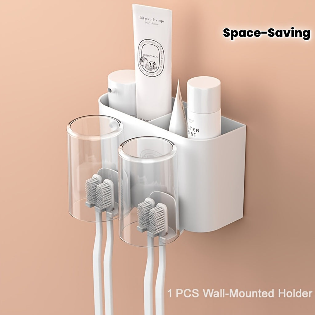 Durable Plastic Material, Space-Saving Wall-Mounted Holder - a Multi-Cup Toothbrush And Mouthwash Storage Rack with Ample Capacity