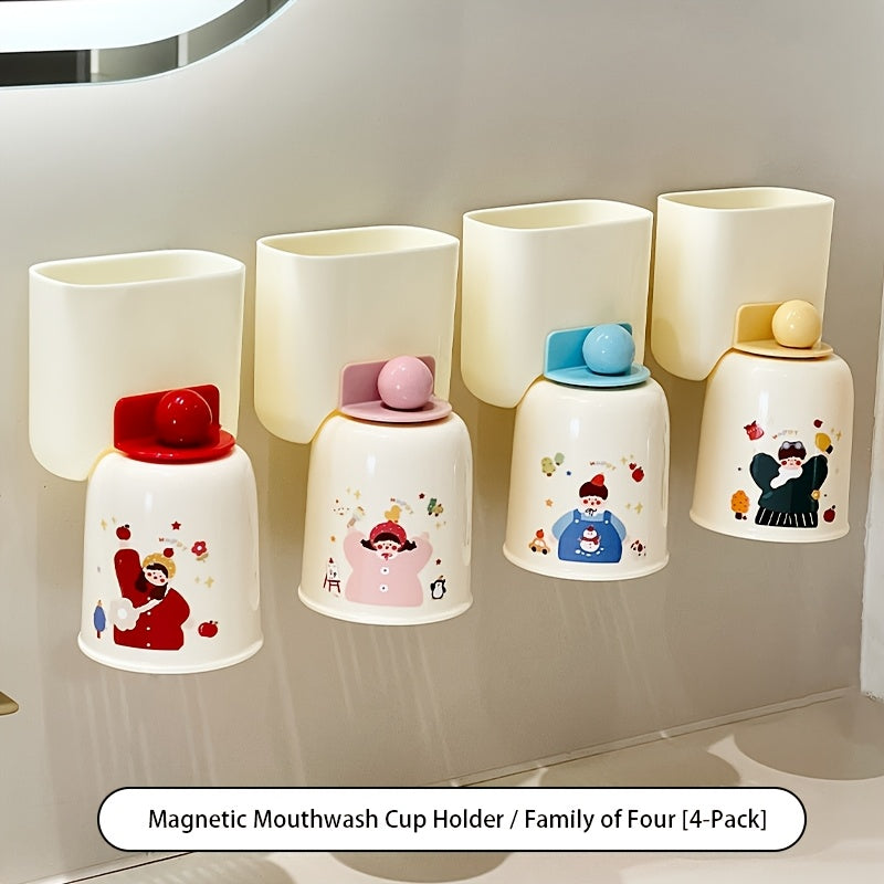 4-Pack Dopamine Magnetic Wall-Mounted Toothbrush Holder with Rinse Cup - Punch-Free