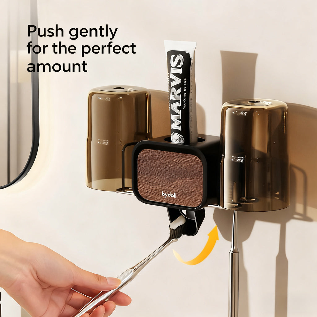 No-Drill Wall-Mounted Toothbrush Holder with Dual-Cup & Toothpaste Dispenser - Adhesive\u002FSuction Cup Installation