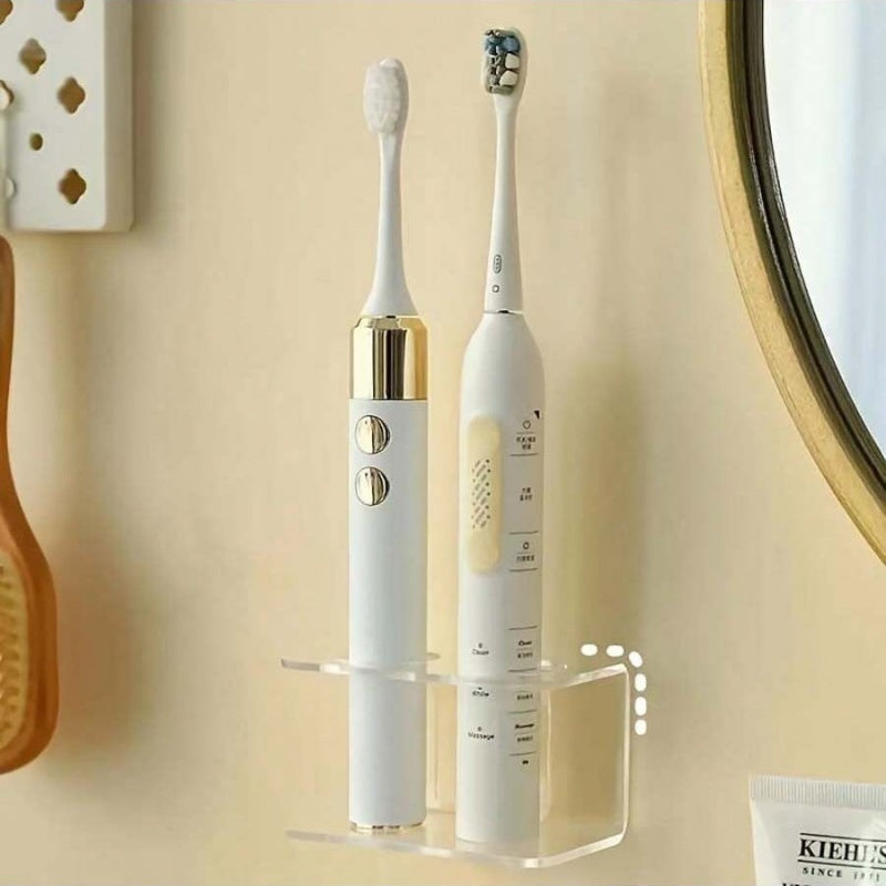 No Drill Adhesive\u002FWall-Mounted Acrylic Electric Toothbrush & Dental Holder - Transparent Bathroom Organizer with Toothpaste Storage Compatible for Electric Toothbrushes, Dental Tools - Space-Saving Modern Plastic Shelf, Easy Installation