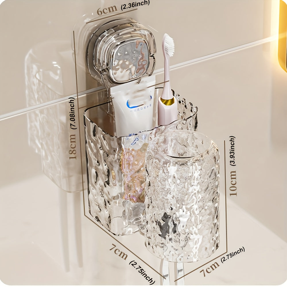 No Drill Suction Cup Toothbrush Holder with Cup Storage - Waterproof Bathroom Organizer, Space-Saving Sink Countertop Organizer, Stable Adhesive Mount for Bathroom, Kitchen, Office - Easy Tool-Free Installation, Durable Plastic Modern Minimalist Des