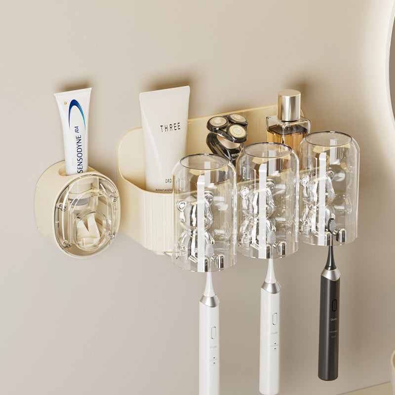 UFORU Cutie Bear Toothbrush Holder - Punch-Free Bathroom Organizer with Automatic Toothpaste Dispenser & Mouthwash Cup Rack