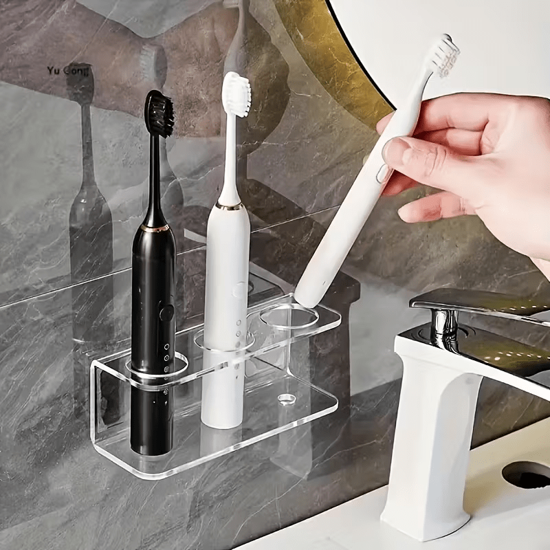 No Drill Adhesive\u002FWall-Mounted Acrylic Electric Toothbrush & Dental Holder - Transparent Bathroom Organizer with Toothpaste Storage Compatible for Electric Toothbrushes, Dental Tools - Space-Saving Modern Plastic Shelf, Easy Installation