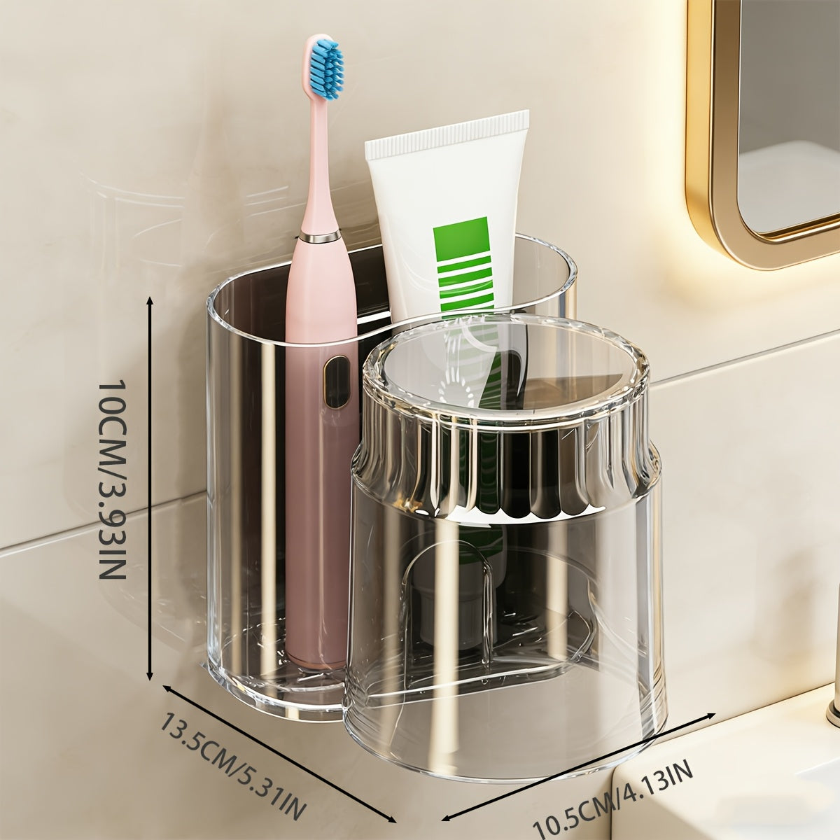 A Set of Two Wall-mounted Toothbrush Holders with Cups, a Bathroom Organizer, a Bathroom Storage Device, and a Wall-mounted Storage Cup Without Holes, Suitable for Sinks, Bathrooms, Counters, Bathroom Organizing and Storage