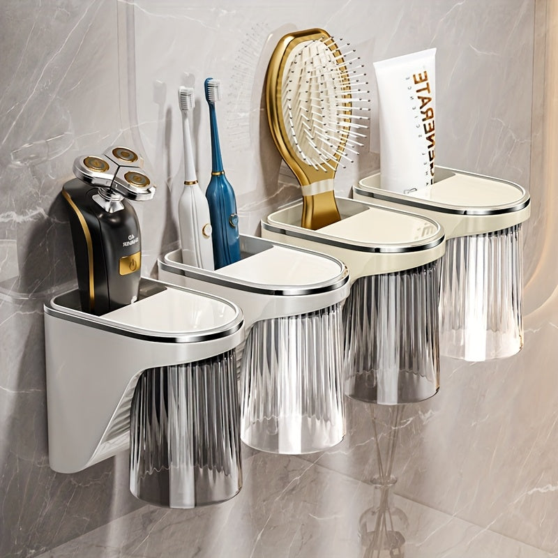 Magnetic Wall-Mounted Toothbrush and Toothpaste Holder with Rinse Cup - No Drilling Required, Ideal for Bathroom Organization, Plastic Construction
