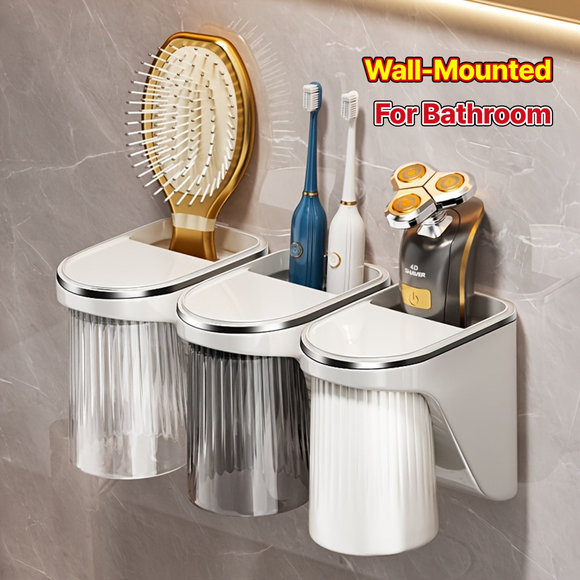 Magnetic Wall-Mounted Toothbrush and Toothpaste Holder with Rinse Cup - No Drilling Required, Ideal for Bathroom Organization, Plastic Construction