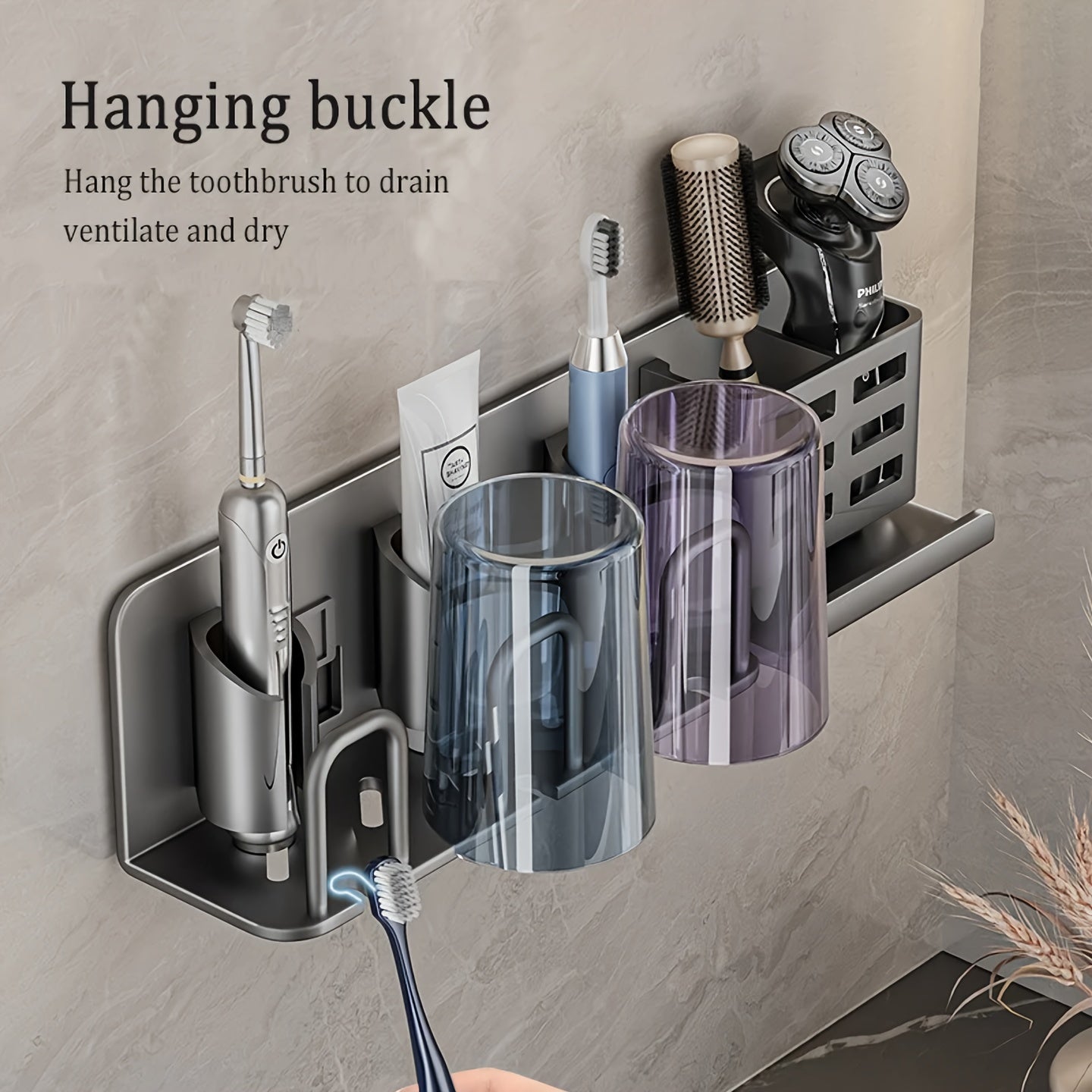 Wall-Mounted Aluminum Toothbrush Holder | No-Drill Installation | Multi-Color with Storage Slots & Cups | Space-Saving Bathroom Organizer for Electric Toothbrushes and Razors | Modern Design