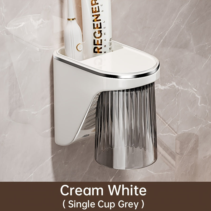 Magnetic Wall-Mounted Toothbrush and Toothpaste Holder with Rinse Cup - No Drilling Required, Ideal for Bathroom Organization, Plastic Construction