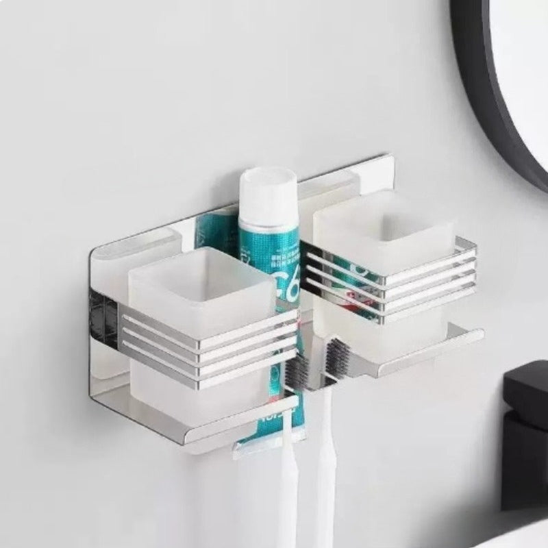 Stainless Steel Square Cup Wall-Mounted Toothpaste and Toothbrush Holder | No Punching Required, Suitable for Home, Bathroom, Hotel Use