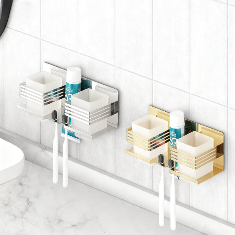 Stainless Steel Square Cup Wall-Mounted Toothpaste and Toothbrush Holder | No Punching Required, Suitable for Home, Bathroom, Hotel Use