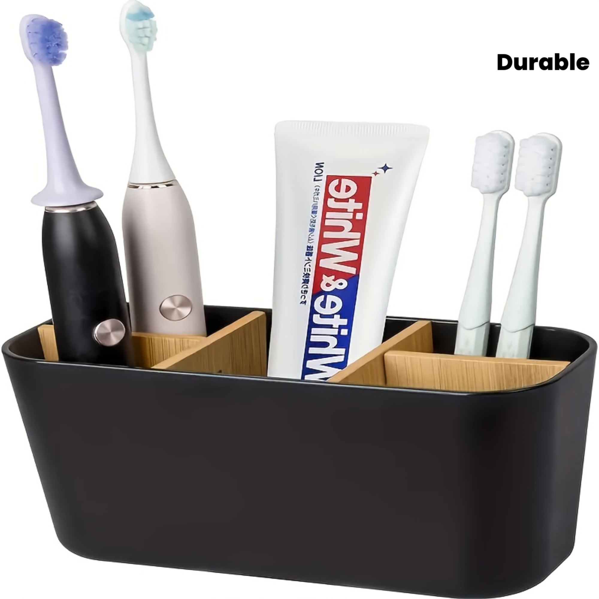 5-Slot Black Plastic Toothbrush Holder With Dividers - Lightweight Freestanding Bathroom Organizer For Electric Toothbrushes