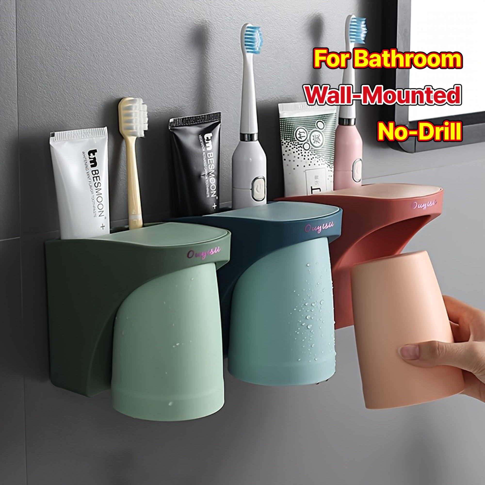 1pc Nordic Style Magnetic Wall-Mounted Toothbrush Holder, No-Drill Plastic Bathroom Organizer with Waterproof Cup Sleeve for Couples