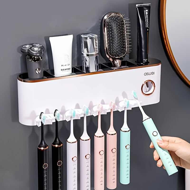 Bathroom Accessories 1 Wall-Mounted Toothbrush Holder Set With Mouthwash Cup, No Need To Punch Holes, Automatic Toothpaste Dispenser, Wall-Mounted Toothbrush Storage Rack, Bathroom Accessories, Plastic For Toothbrush, Toothpaste Tube And Mouthwash Cup