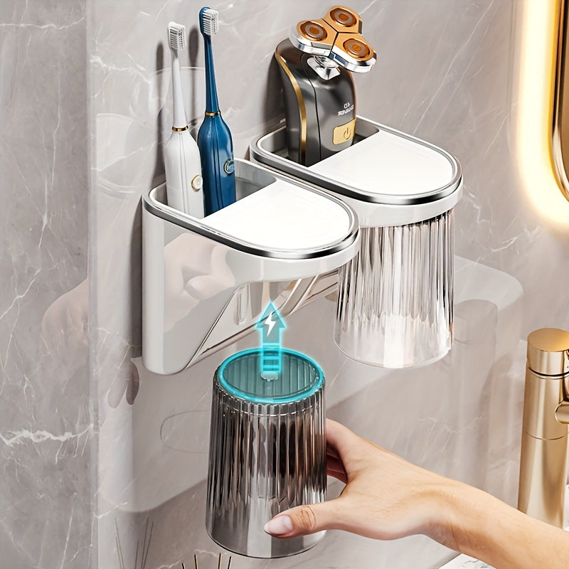 Magnetic Wall-Mounted Toothbrush and Toothpaste Holder with Rinse Cup - No Drilling Required, Ideal for Bathroom Organization, Plastic Construction
