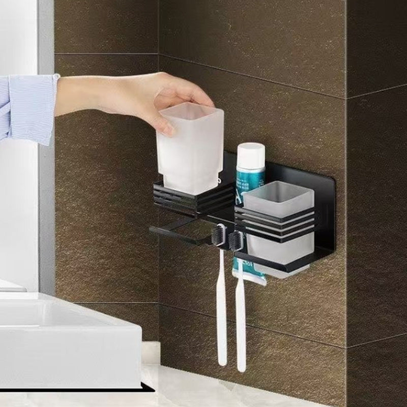 Stainless steel wall-mounted toothpaste cup holder + cup, no punching toilet toothbrush storage mouthwash wall-mounted toothbrush rack, suitable for bathroom, family use