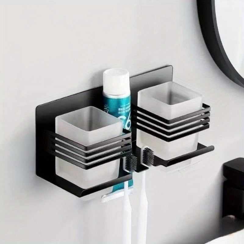 Stainless Steel Square Cup Wall-Mounted Toothpaste and Toothbrush Holder | No Punching Required, Suitable for Home, Bathroom, Hotel Use