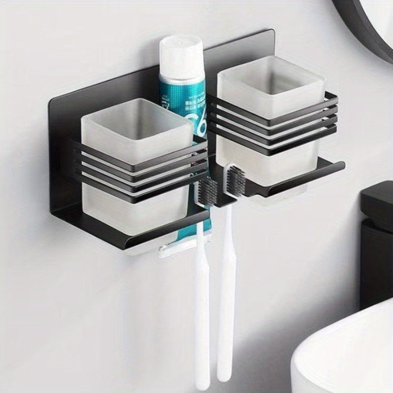 Stainless Steel Square Cup Wall-Mounted Toothpaste and Toothbrush Holder | No Punching Required, Suitable for Home, Bathroom, Hotel Use