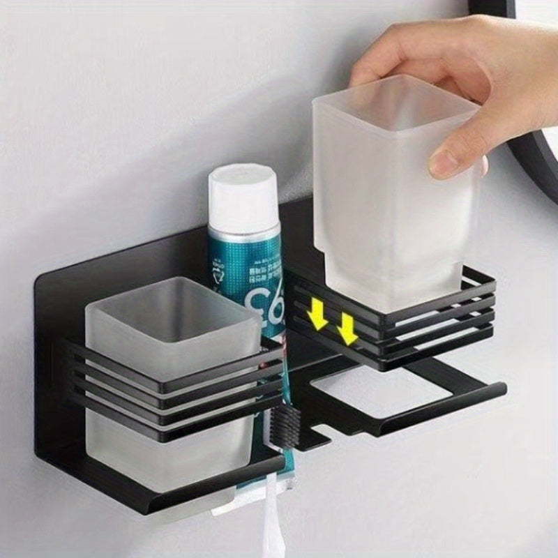 Stainless steel wall-mounted toothpaste cup holder + cup, no punching toilet toothbrush storage mouthwash wall-mounted toothbrush rack, suitable for bathroom, family use