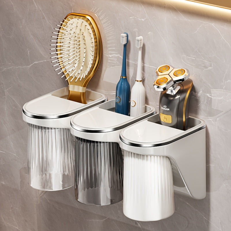 Magnetic Wall-Mounted Toothbrush and Toothpaste Holder with Rinse Cup - No Drilling Required, Ideal for Bathroom Organization, Plastic Construction