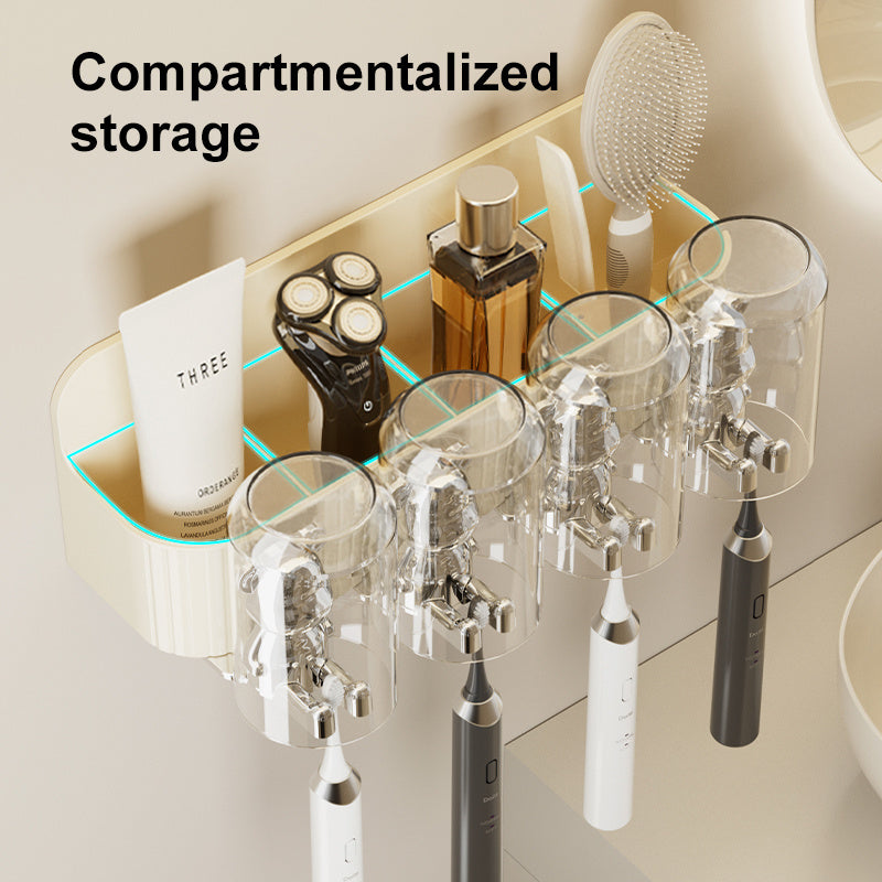 UFORU Cutie Bear Toothbrush Holder - Punch-Free Bathroom Organizer with Automatic Toothpaste Dispenser & Mouthwash Cup Rack