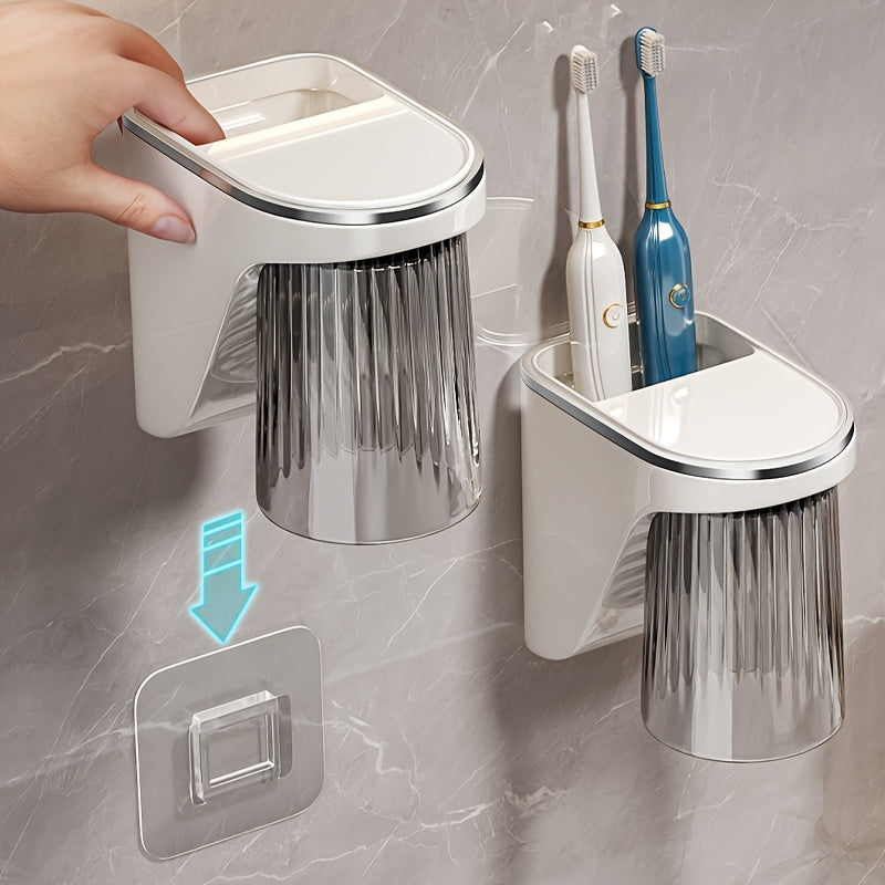 Magnetic Wall-Mounted Toothbrush and Toothpaste Holder with Rinse Cup - No Drilling Required, Ideal for Bathroom Organization, Plastic Construction