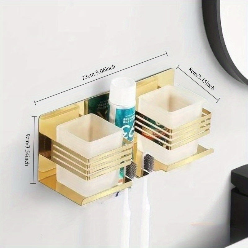 Stainless steel wall-mounted toothpaste cup holder + cup, no punching toilet toothbrush storage mouthwash wall-mounted toothbrush rack, suitable for bathroom, family use