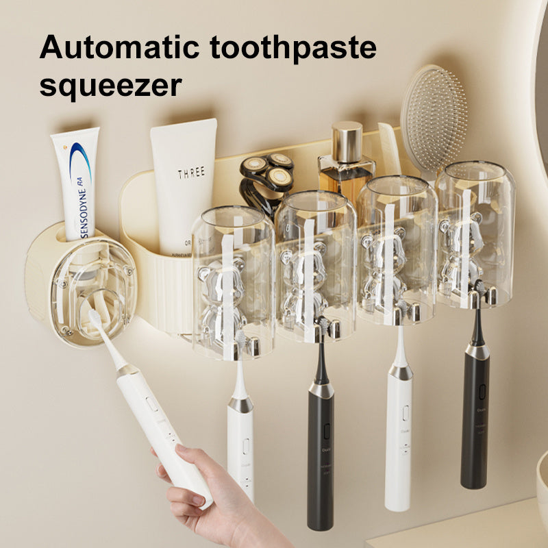 UFORU Cutie Bear Toothbrush Holder - Punch-Free Bathroom Organizer with Automatic Toothpaste Dispenser & Mouthwash Cup Rack