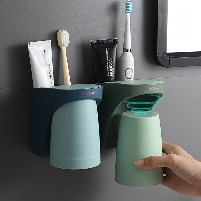 1pc Nordic Style Magnetic Wall-Mounted Toothbrush Holder, No-Drill Plastic Bathroom Organizer with Waterproof Cup Sleeve for Couples