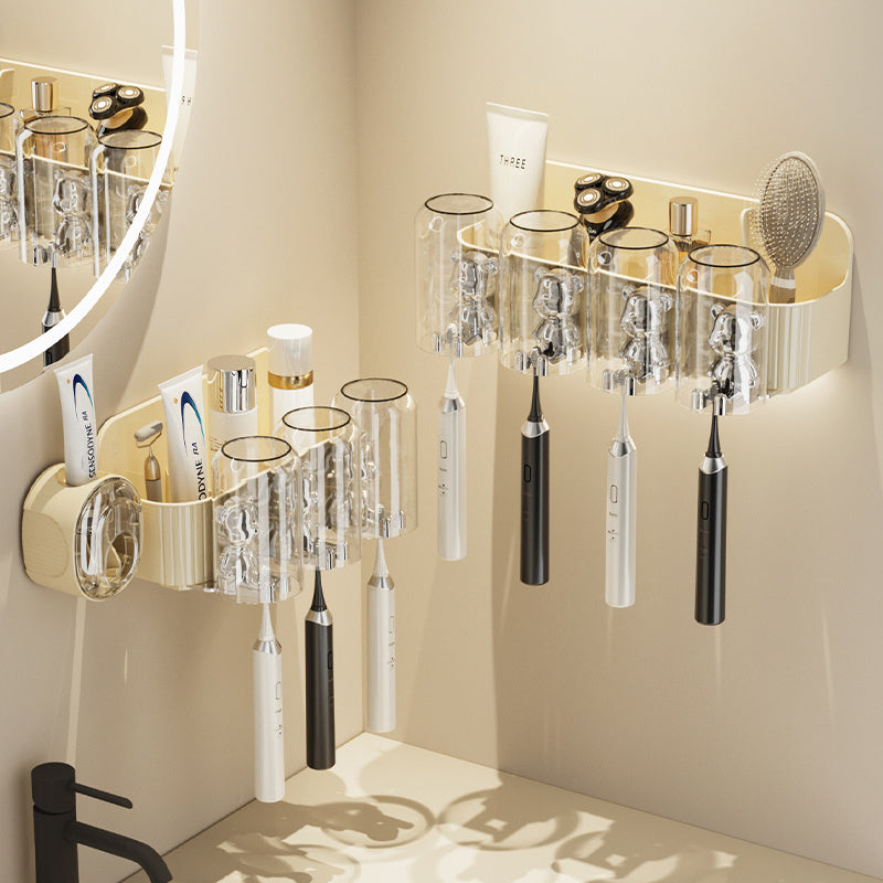 UFORU Cutie Bear Toothbrush Holder - Punch-Free Bathroom Organizer with Automatic Toothpaste Dispenser & Mouthwash Cup Rack