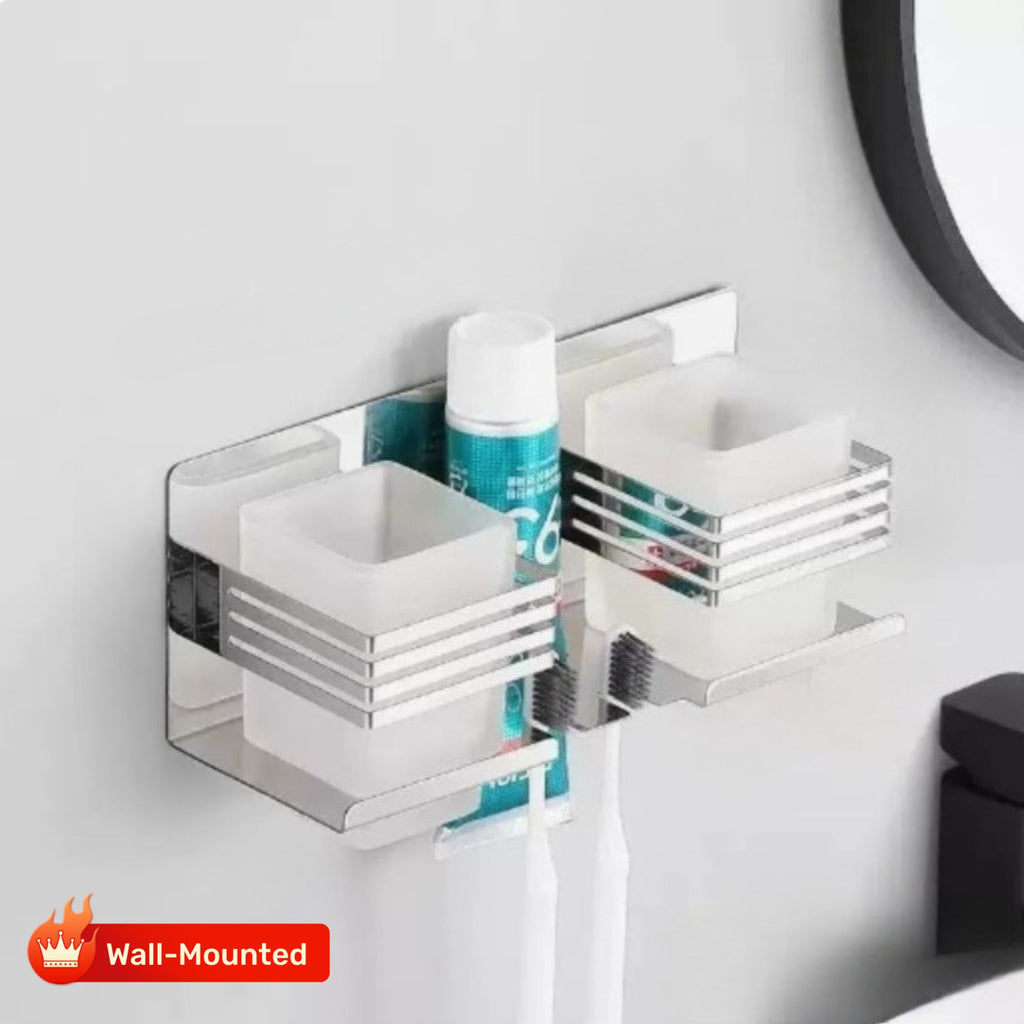 Stainless Steel Square Cup Wall-Mounted Toothpaste and Toothbrush Holder | No Punching Required, Suitable for Home, Bathroom, Hotel Use