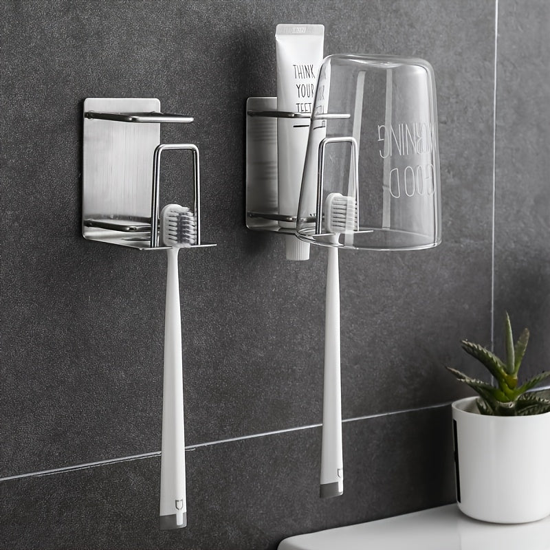 2pcs Stainless Steel Toothbrush Holder, Wall Mounted Cup Rack for Bathroom and Toothpaste, No Drilling Required, Durable and Easy to Clean, Bathroom Organizers And Storage