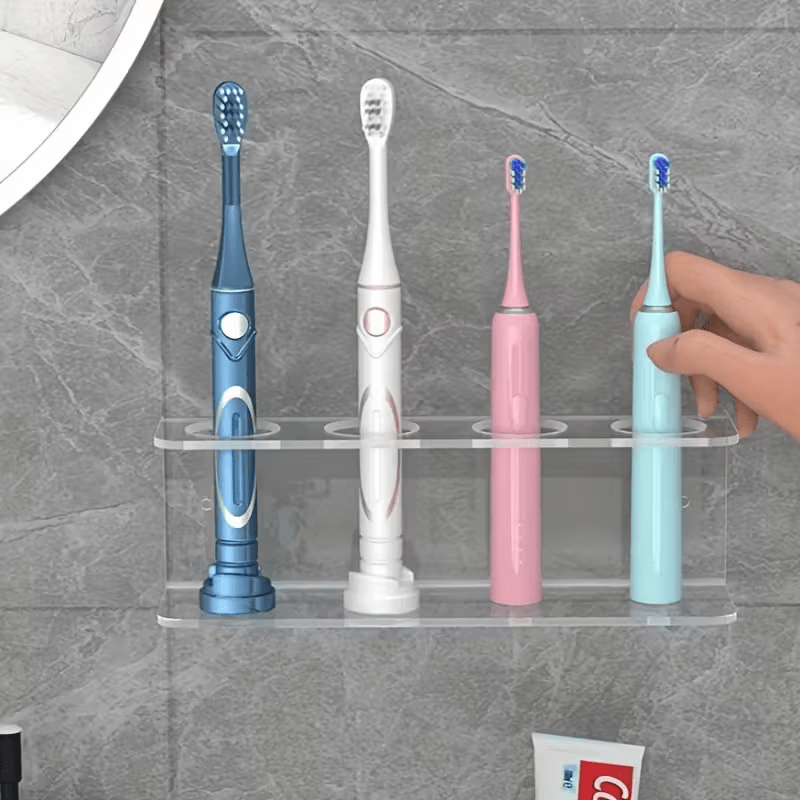 No Drill Adhesive\u002FWall-Mounted Acrylic Electric Toothbrush & Dental Holder - Transparent Bathroom Organizer with Toothpaste Storage Compatible for Electric Toothbrushes, Dental Tools - Space-Saving Modern Plastic Shelf, Easy Installation