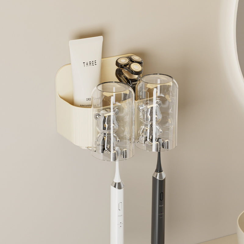 UFORU Cutie Bear Toothbrush Holder - Punch-Free Bathroom Organizer with Automatic Toothpaste Dispenser & Mouthwash Cup Rack