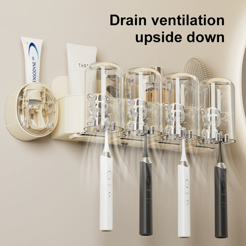 UFORU Cutie Bear Toothbrush Holder - Punch-Free Bathroom Organizer with Automatic Toothpaste Dispenser & Mouthwash Cup Rack