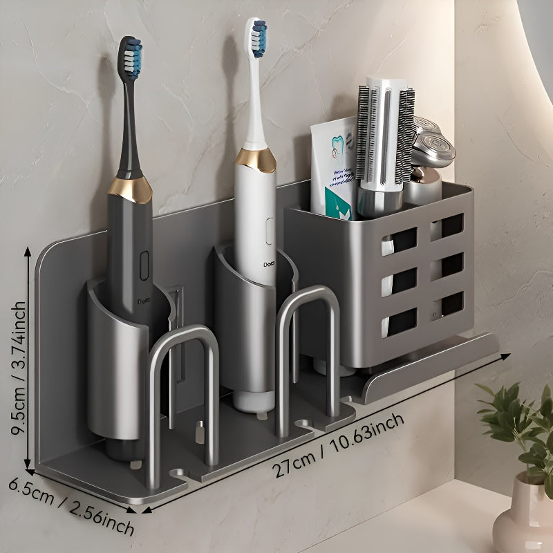 Wall-Mounted Aluminum Toothbrush Holder | No-Drill Installation | Multi-Color with Storage Slots & Cups | Space-Saving Bathroom Organizer for Electric Toothbrushes and Razors | Modern Design