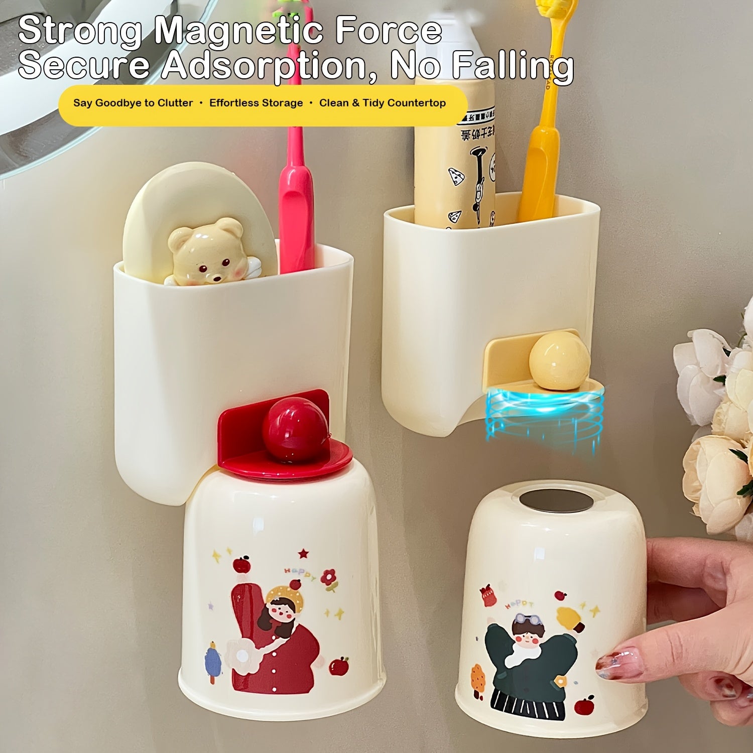 4-Pack Dopamine Magnetic Wall-Mounted Toothbrush Holder with Rinse Cup - Punch-Free