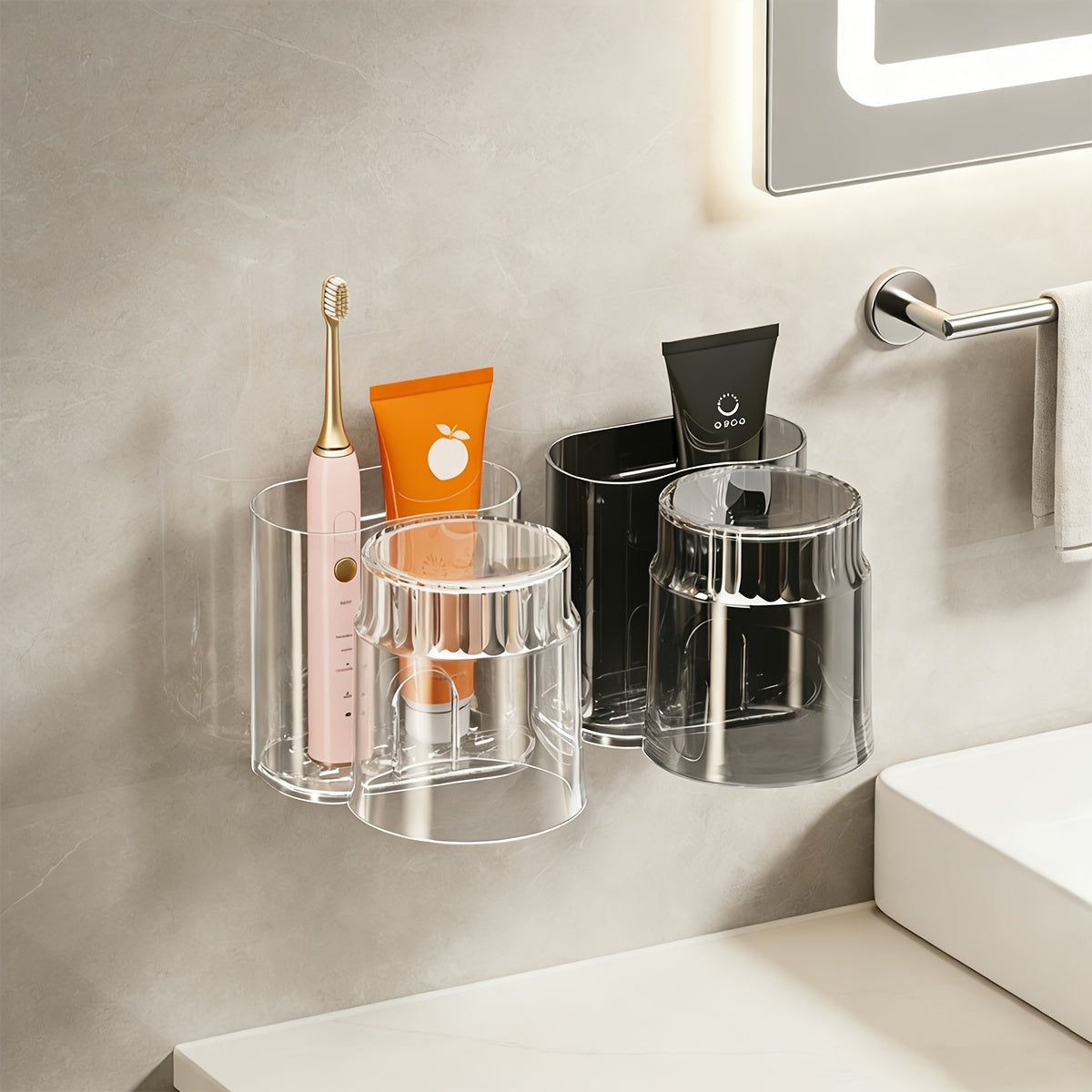 A Set of Two Wall-mounted Toothbrush Holders with Cups, a Bathroom Organizer, a Bathroom Storage Device, and a Wall-mounted Storage Cup Without Holes, Suitable for Sinks, Bathrooms, Counters, Bathroom Organizing and Storage