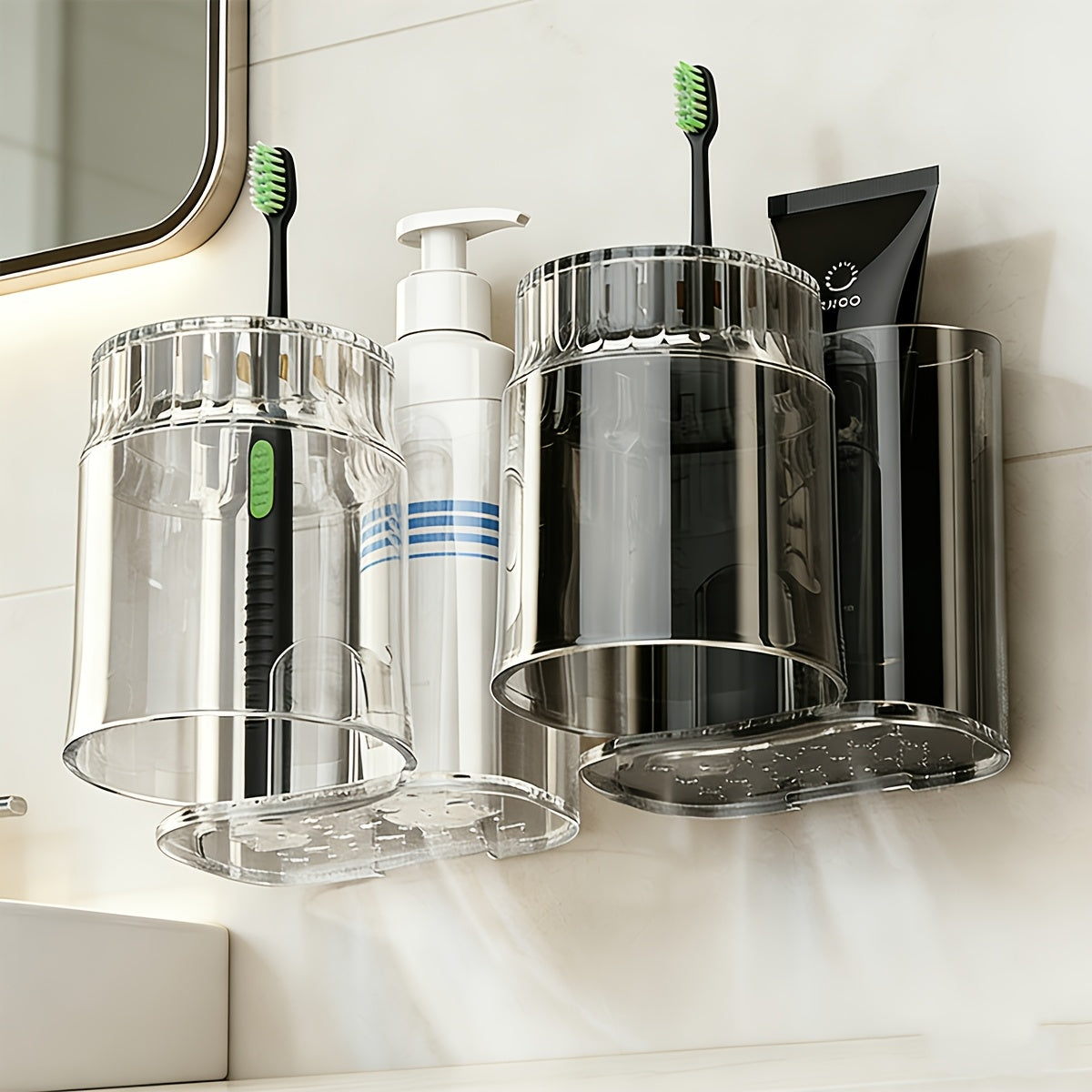 A Set of Two Wall-mounted Toothbrush Holders with Cups, a Bathroom Organizer, a Bathroom Storage Device, and a Wall-mounted Storage Cup Without Holes, Suitable for Sinks, Bathrooms, Counters, Bathroom Organizing and Storage