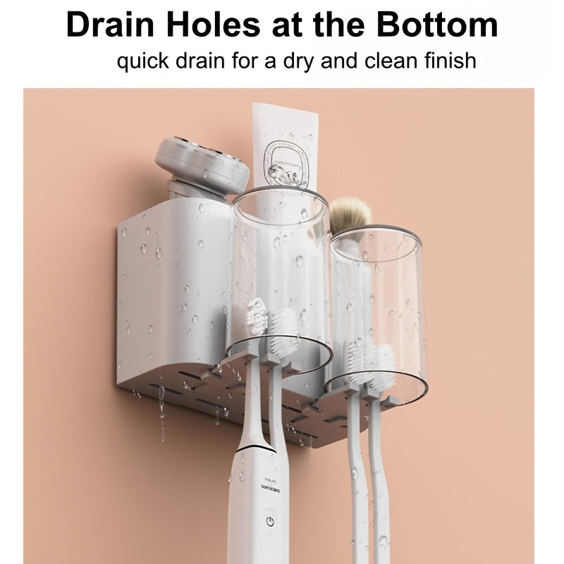 Durable Plastic Material, Space-Saving Wall-Mounted Holder - a Multi-Cup Toothbrush And Mouthwash Storage Rack with Ample Capacity