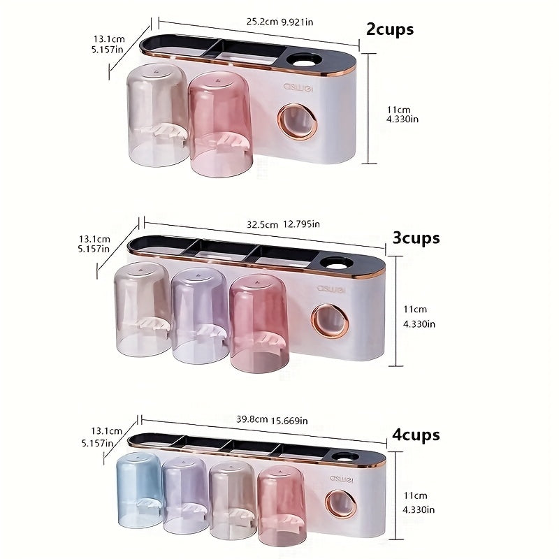 Bathroom Accessories 1 Wall-Mounted Toothbrush Holder Set With Mouthwash Cup, No Need To Punch Holes, Automatic Toothpaste Dispenser, Wall-Mounted Toothbrush Storage Rack, Bathroom Accessories, Plastic For Toothbrush, Toothpaste Tube And Mouthwash Cup