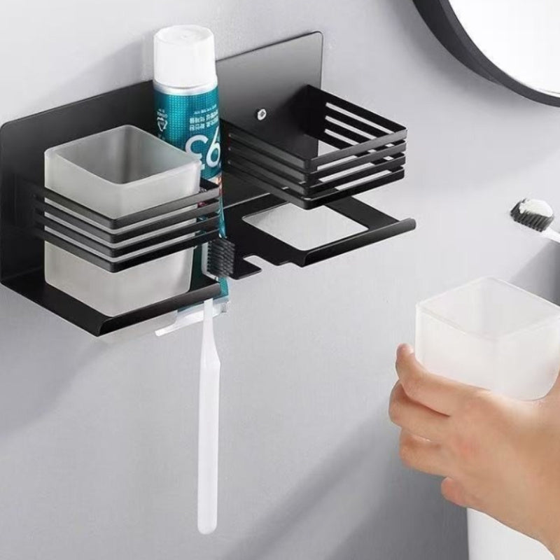 Stainless Steel Square Cup Wall-Mounted Toothpaste and Toothbrush Holder | No Punching Required, Suitable for Home, Bathroom, Hotel Use