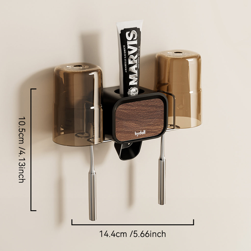 No-Drill Wall-Mounted Toothbrush Holder with Dual-Cup & Toothpaste Dispenser - Adhesive\u002FSuction Cup Installation